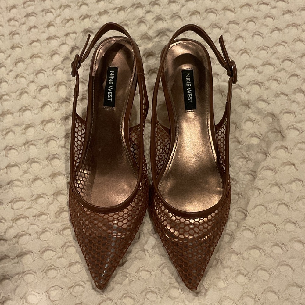 Nine West Brown Mesh Pointed Slingback Heels